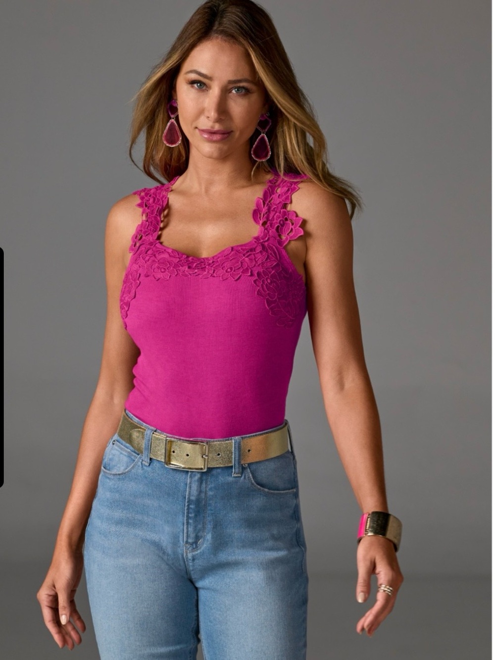 Boston Proper Floral Lace-Trim Tank Top - Fuchsia